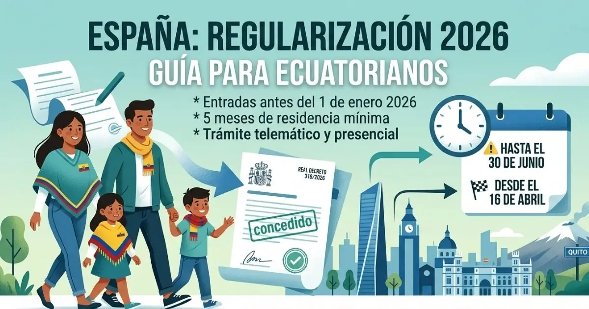 Guía visual sobre la regularización extraordinaria en España 2026: plazos y requisitos clave para la comunidad ecuatoriana. (Imagen: Vívu News/IA)